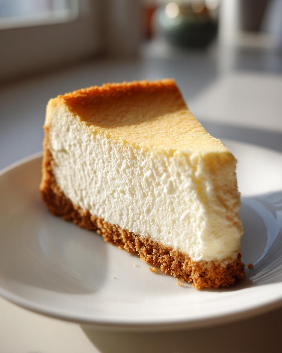 A perfect slice of rich, creamy new york cheesecake with a thick graham cracker crust, bathed in sunlight.