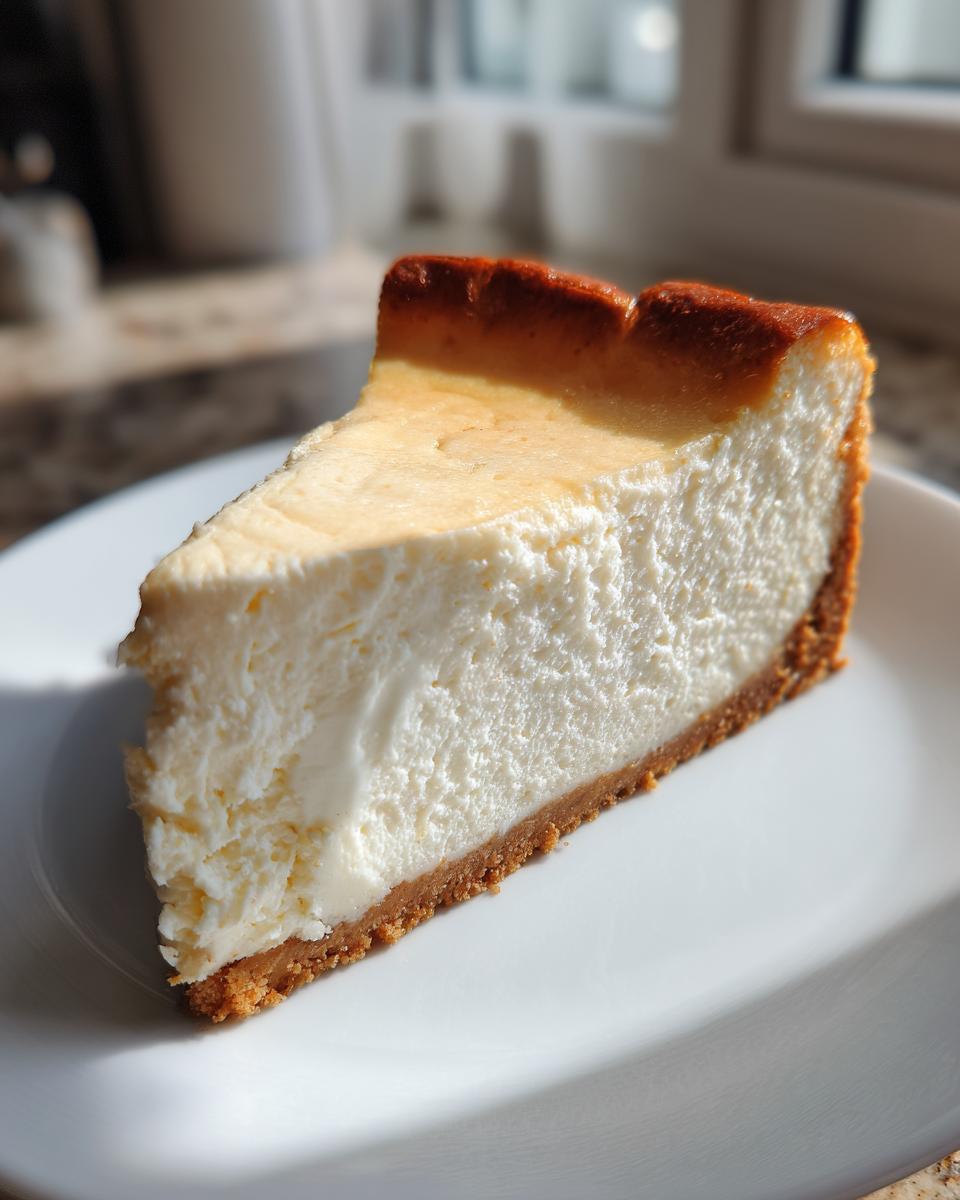A perfect slice of creamy New York cheesecake with a golden-brown top and graham cracker crust on a white plate.