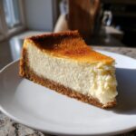 A perfect slice of creamy new york cheesecake with a thick graham cracker crust and a golden-brown top, served on a white plate.