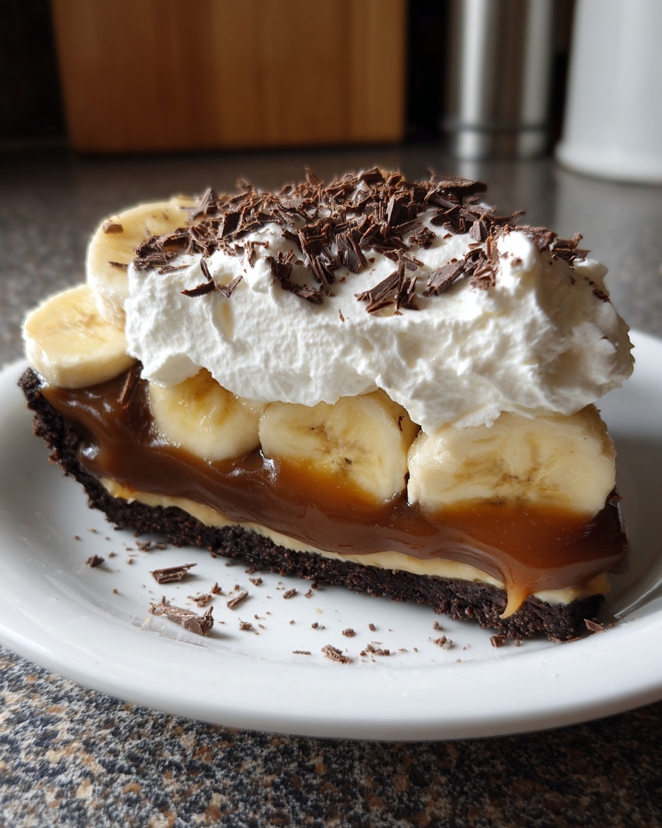 A rich slice of no-bake banoffee pie featuring a dark crust, toffee, banana slices, whipped cream, and chocolate shavings.