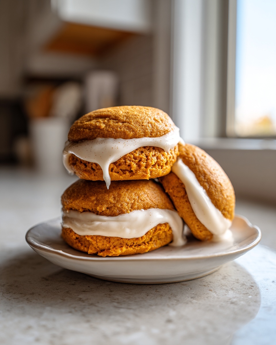 Three delicious pumpkin cookie sandwiches stacked on a small plate with creamy white icing dripping down.