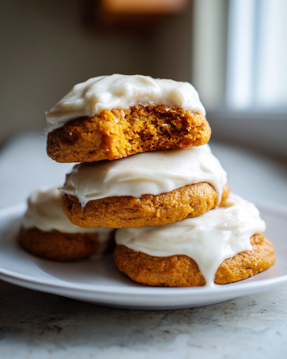A stack of three soft, orange pumpkin cookie treats topped with thick cream cheese frosting. One cookie on top has a bite missing.