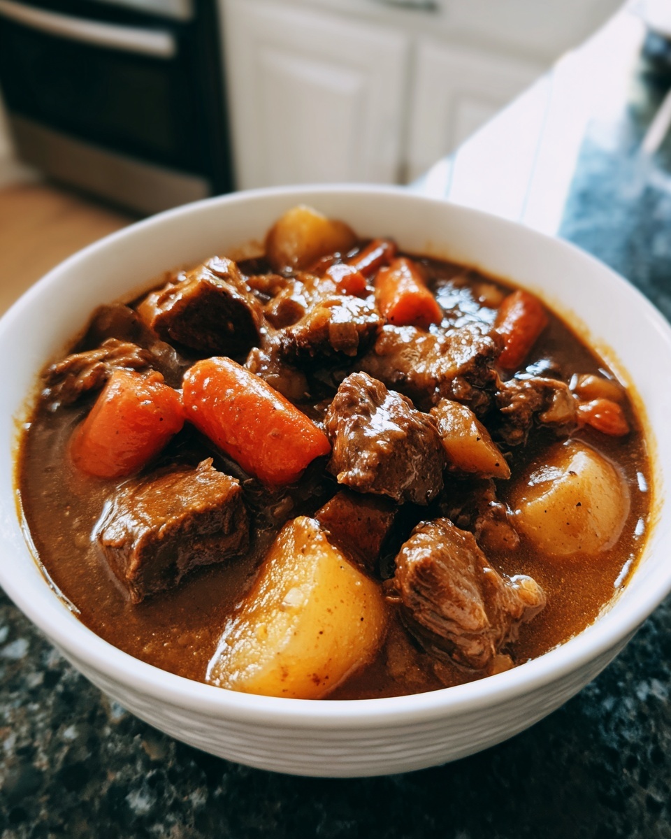 Close-up of a white bowl filled with rich, dark brown beef stew chunks, carrots, and potatoes.