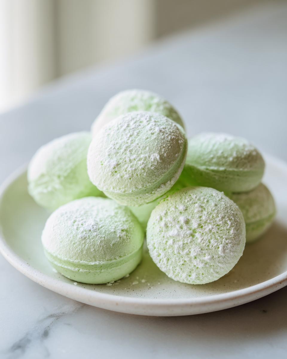 A small stack of pale green cream cheese mints dusted with powdered sugar on a speckled white plate.