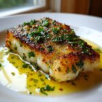 Close-up of a perfectly seared Chilean sea bass recipe fillet resting in lemon-herb butter sauce.