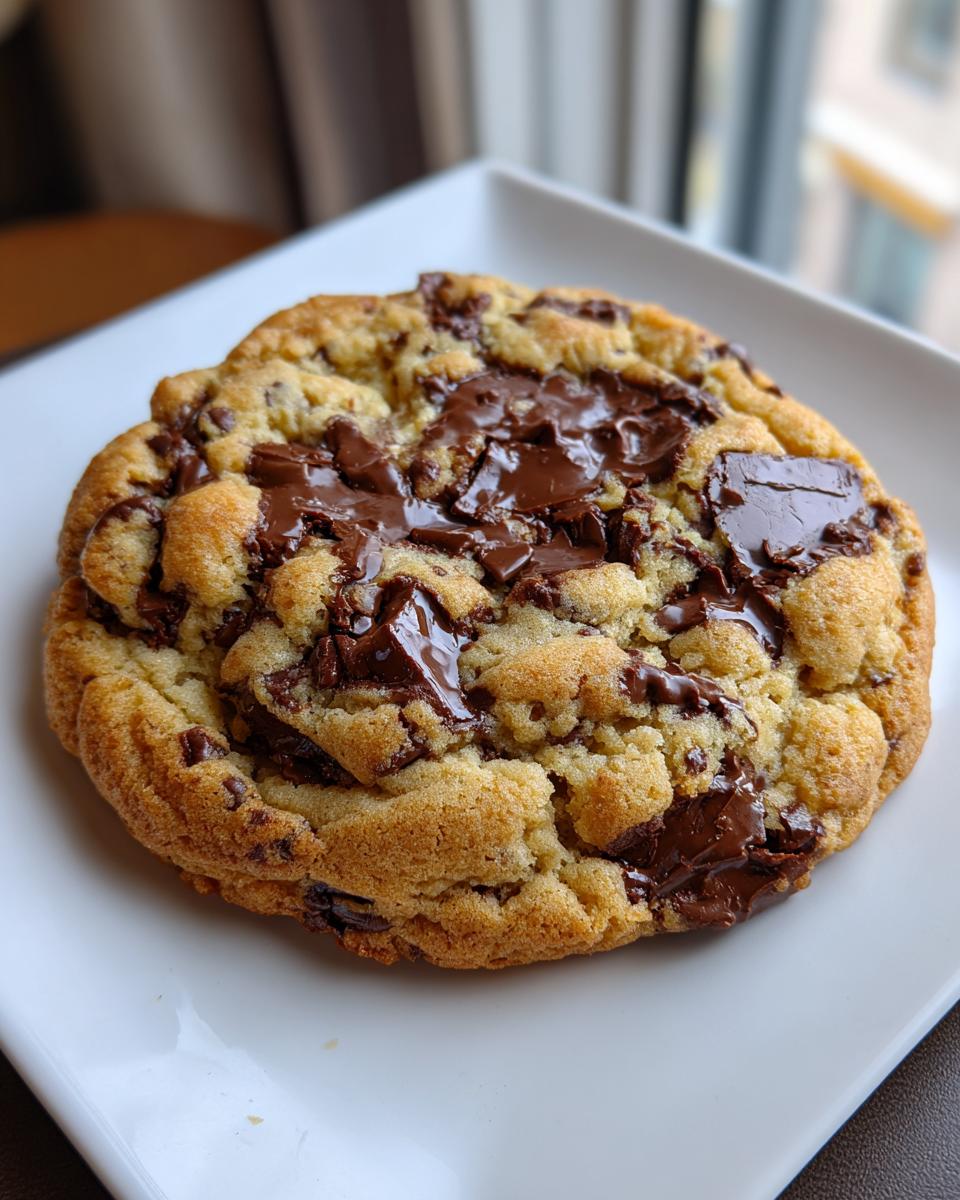 Close-up of a thick, golden brown chocolate chip cookie with pools of melted chocolate on top, served on a white plate.