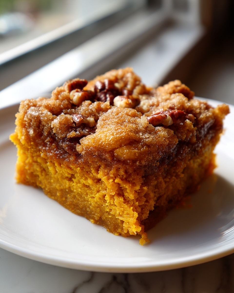 A close-up of a moist slice of pumpkin dump cake topped with a brown sugar crumble and pecans.