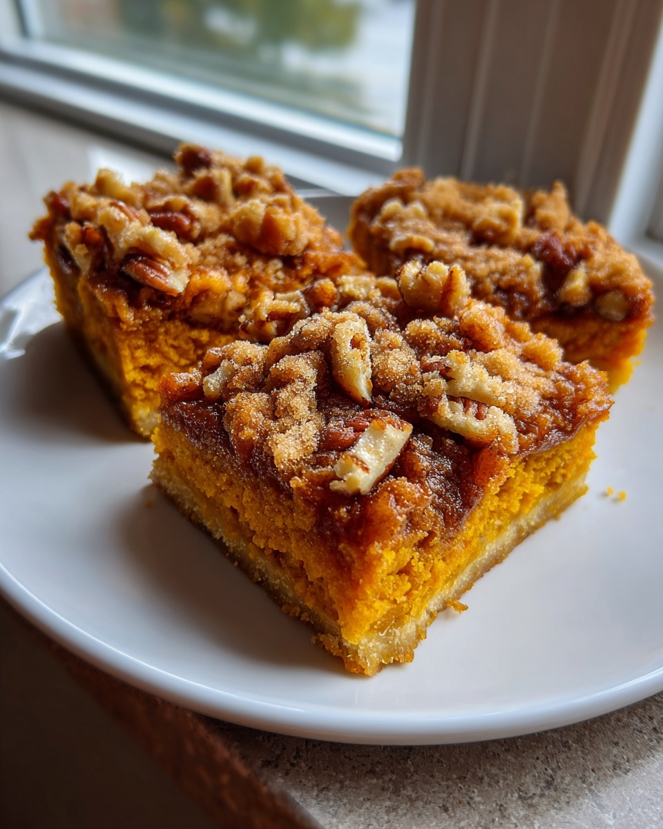 Three squares of rich, orange pumpkin dump cake topped with a brown sugar and pecan crumble, served on a white plate.