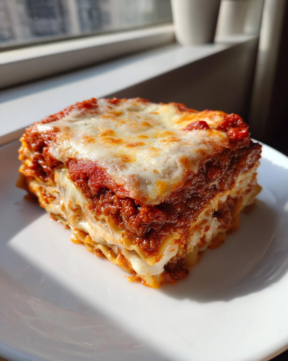 A thick, square slice of rich ravioli lasagna topped with bubbling, melted mozzarella cheese and red sauce.