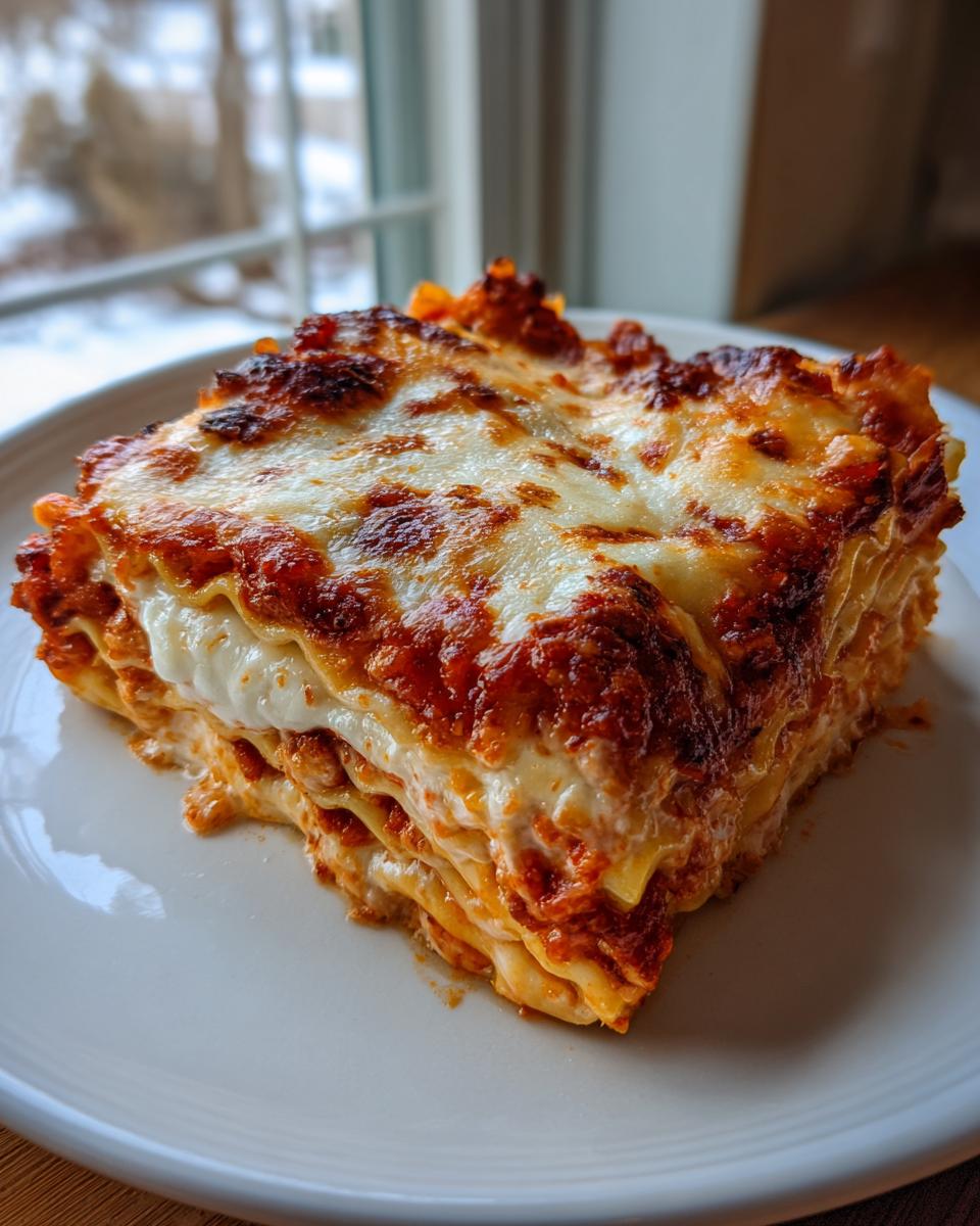 A thick, square slice of baked ravioli lasagna showing layers of pasta, cheese, and rich tomato sauce.