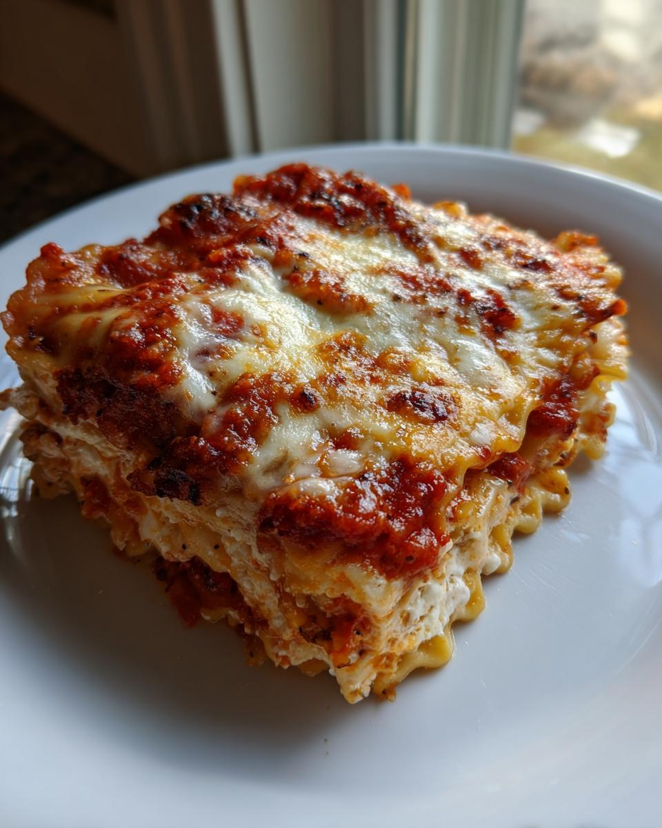 Close-up of a square slice of baked ravioli lasagna with bubbly, browned cheese and rich tomato sauce.