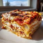 A thick, layered slice of ravioli lasagna showing ricotta filling and browned cheese topping.