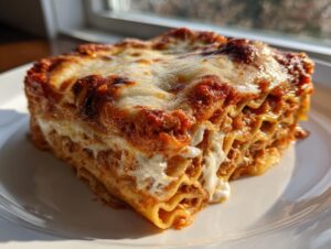 A thick, layered slice of baked ravioli lasagna showing ruffled pasta edges, meat sauce, and melted cheese.