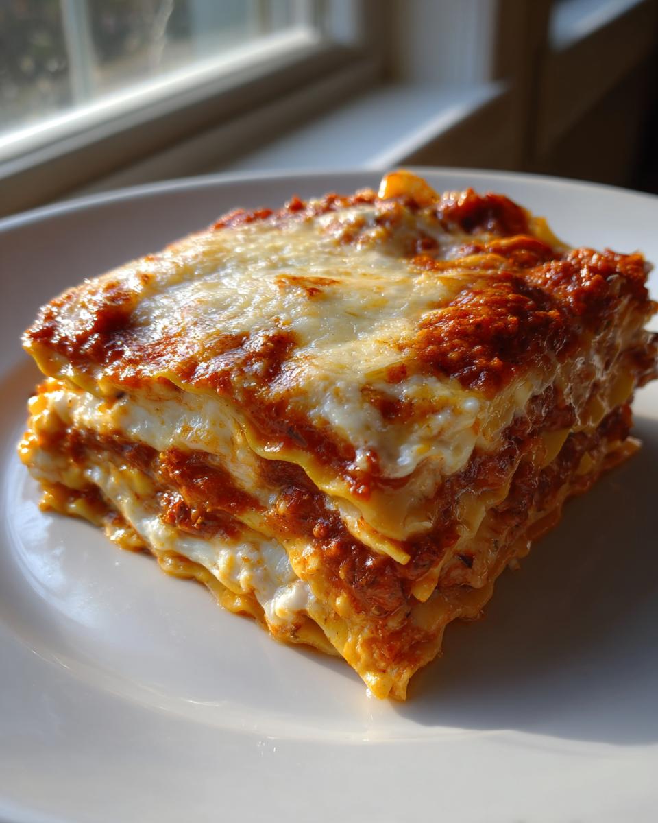 A golden-brown, layered slice of ravioli lasagna topped with melted cheese and rich tomato sauce.