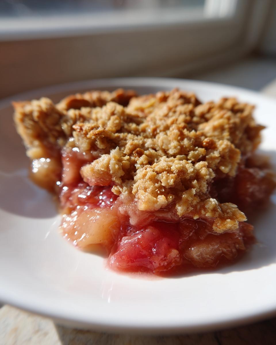 A close-up serving of amazing rhubarb crisp with a thick, buttery, golden-brown oat topping and juicy pink filling.