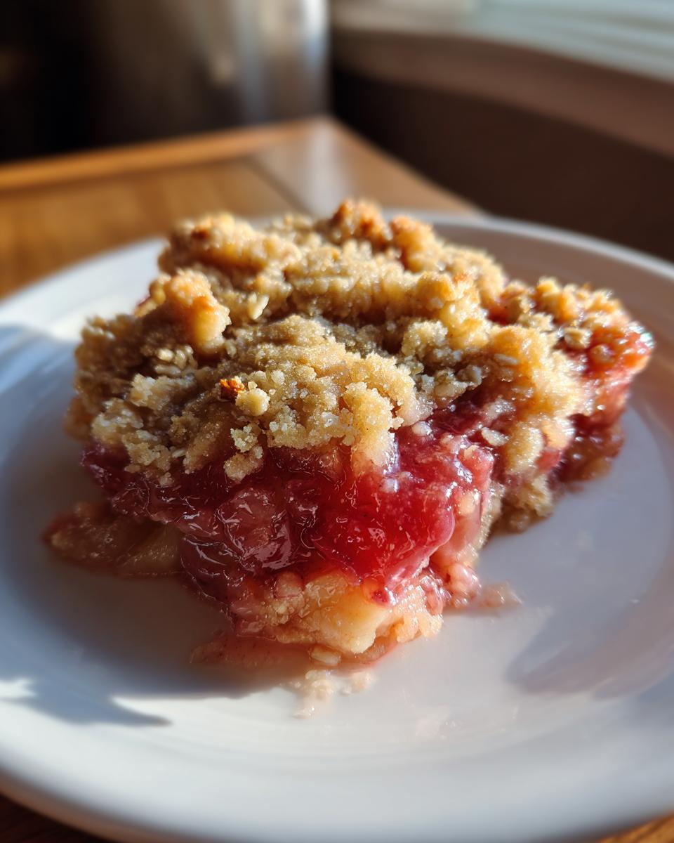 A close-up of a warm slice of rhubarb crisp showing the bright red filling and golden, buttery crunch topping.
