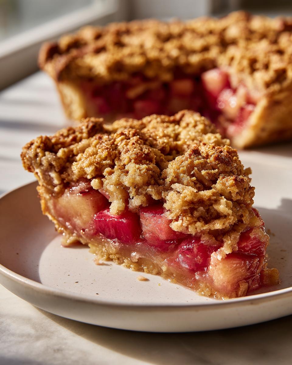 A close-up slice of rhubarb crisp showing bright pink rhubarb filling and a thick, buttery crumble topping.