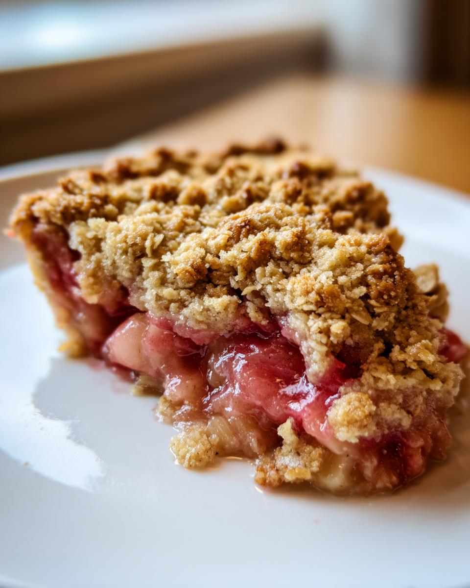 Close-up of a slice of rhubarb crisp showing gooey pink filling and a thick, buttery oat crumble topping.