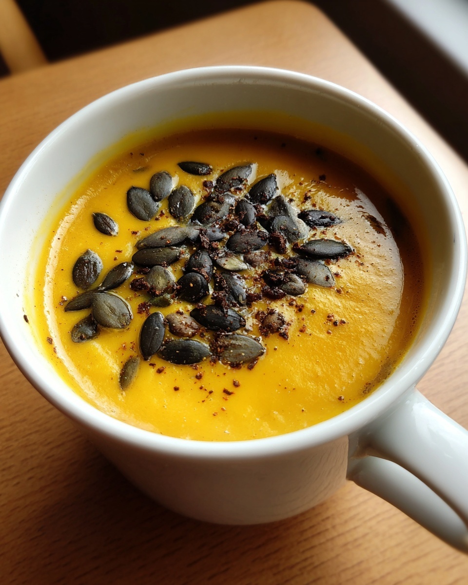 Close-up of vibrant orange roasted butternut squash soup topped with dark pumpkin seeds.