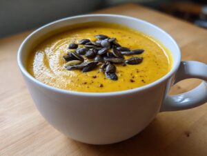 A close-up of creamy, vibrant orange roasted butternut squash soup topped with dark roasted pumpkin seeds.