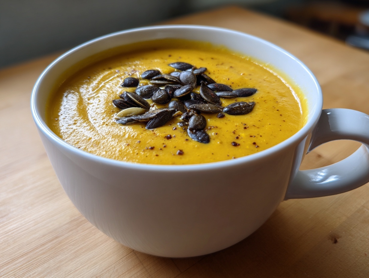 A close-up of creamy, vibrant orange roasted butternut squash soup topped with dark roasted pumpkin seeds.