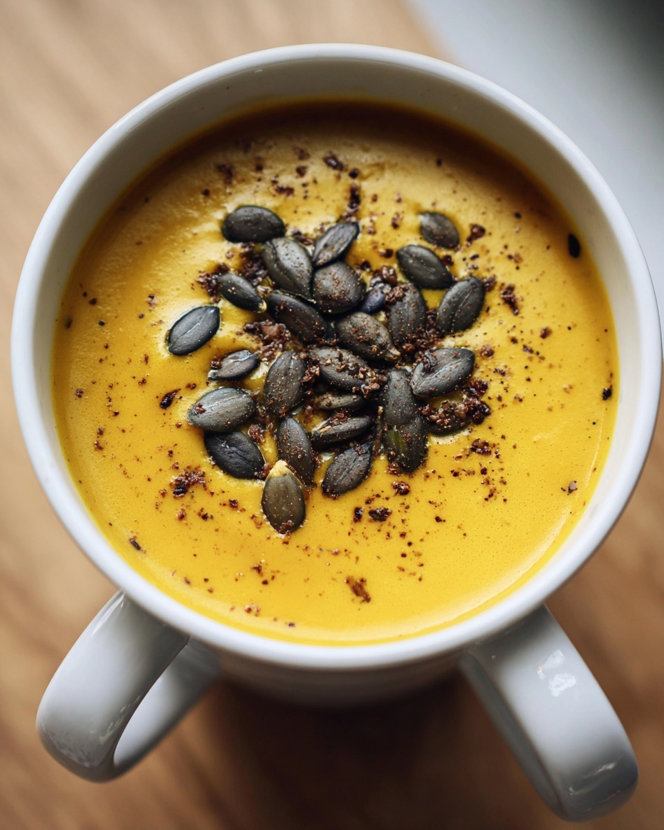 Overhead view of creamy roasted butternut squash soup topped with dark pumpkin seeds and spices.