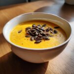 A creamy bowl of bright orange roasted butternut squash soup topped with dark pumpkin seeds.