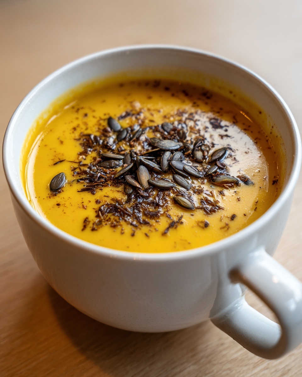 Close-up of vibrant orange roasted butternut squash soup topped with dark roasted pumpkin seeds.