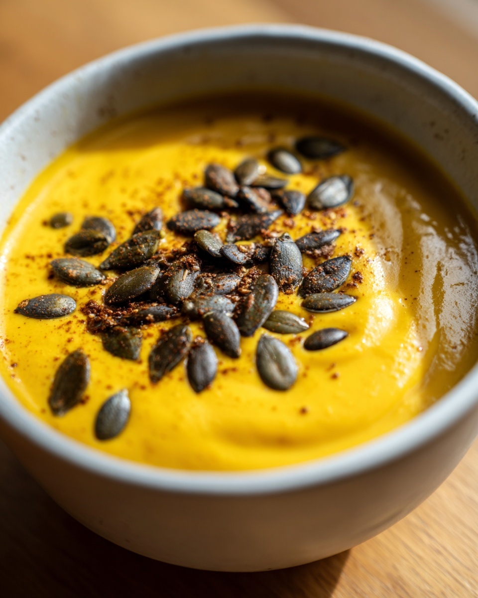 Close-up of vibrant orange roasted butternut squash soup topped with dark toasted pumpkin seeds.