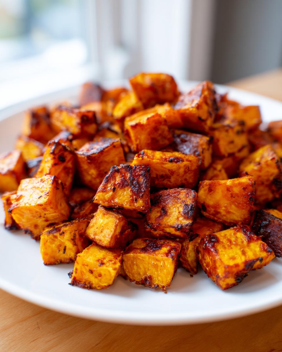 Close-up of perfectly caramelized and slightly charred roasted sweet potatoes cubes piled on a white plate.