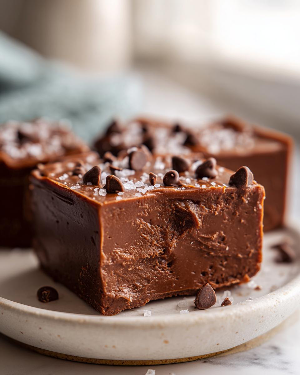 A thick square of rich, dark chocolate salted caramel fudge topped with mini chocolate chips and flaky sea salt.