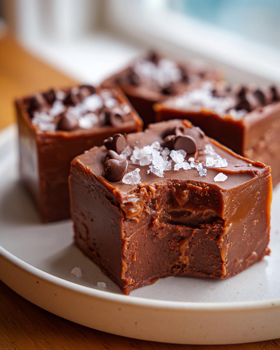 Close-up of rich, dark salted caramel fudge squares topped with sea salt flakes and mini chocolate chips.