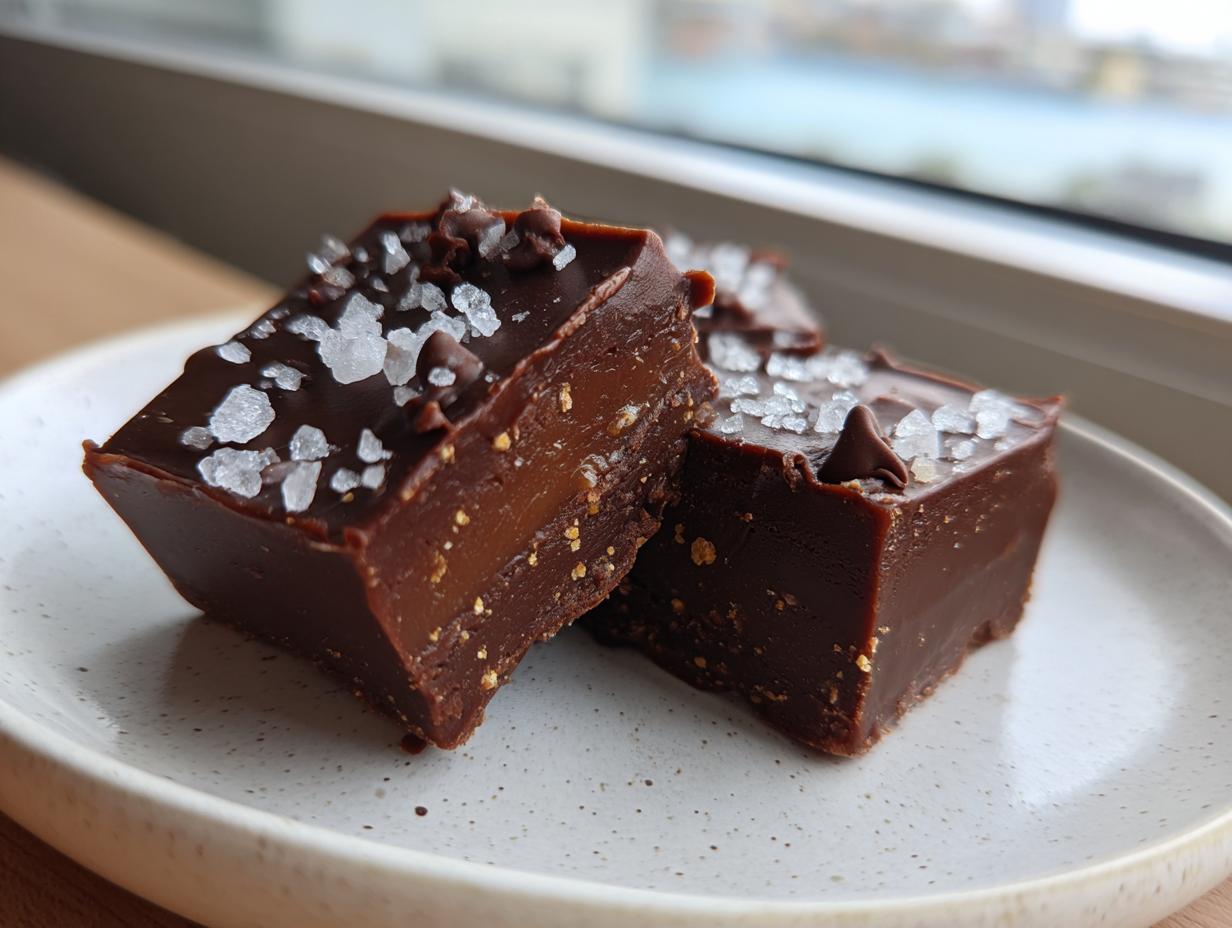 Two rich squares of salted caramel fudge topped with flaky sea salt and mini chocolate chips on a speckled white plate.