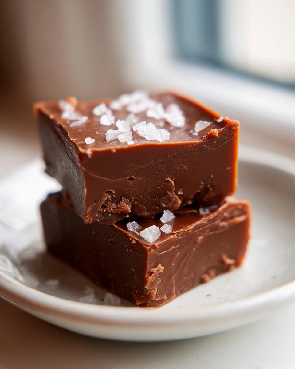 Close-up of two squares of rich, dark salted caramel fudge stacked on a small white plate, topped with flaky sea salt.