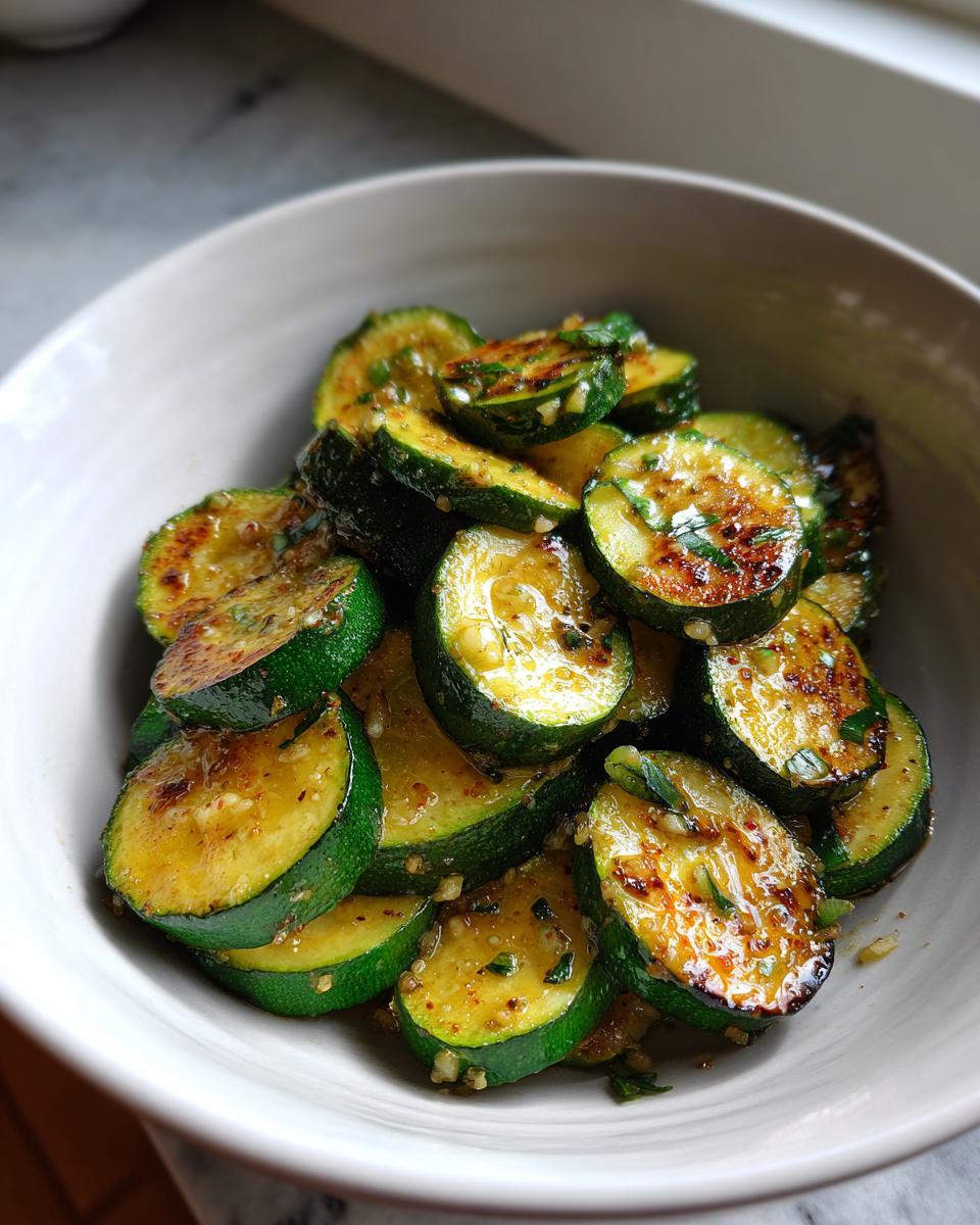 Close-up of glossy, golden-brown sauteed zucchini slices seasoned with garlic and herbs in a light bowl.