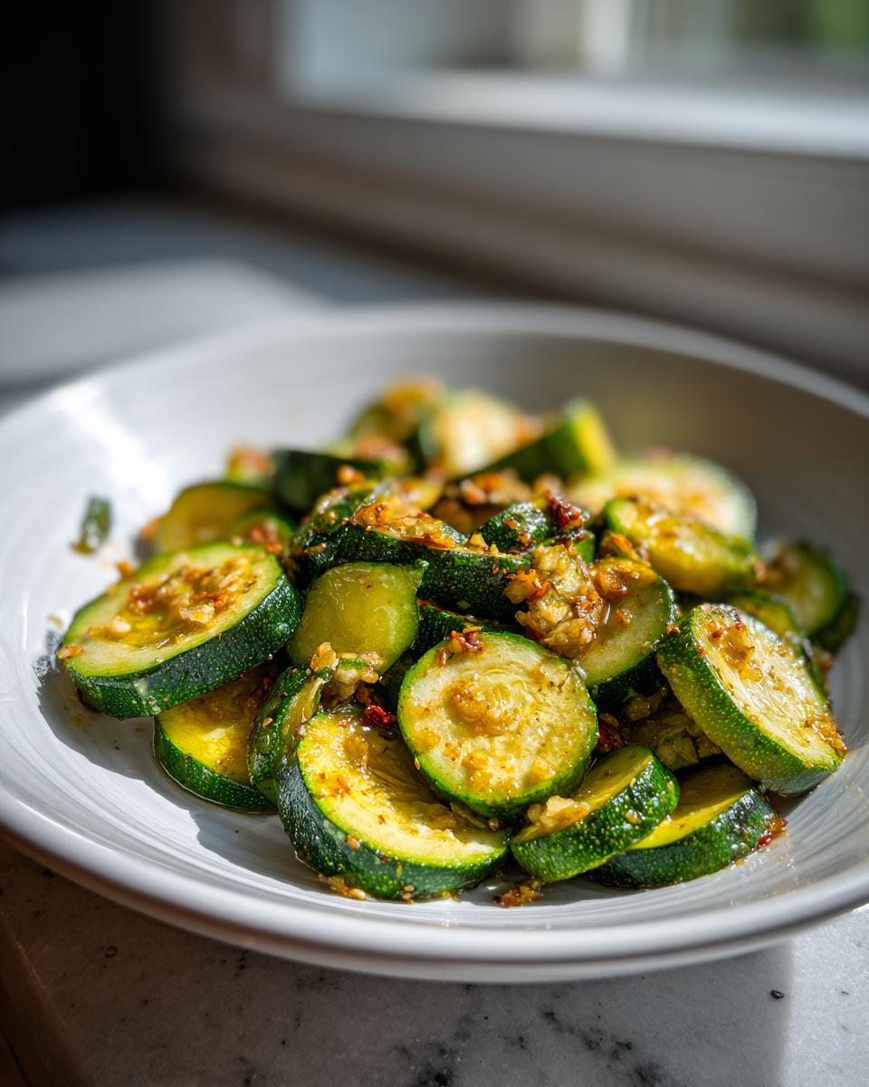 Close-up of bright green, sliced sauteed zucchini tossed with garlic and spices in a white bowl.