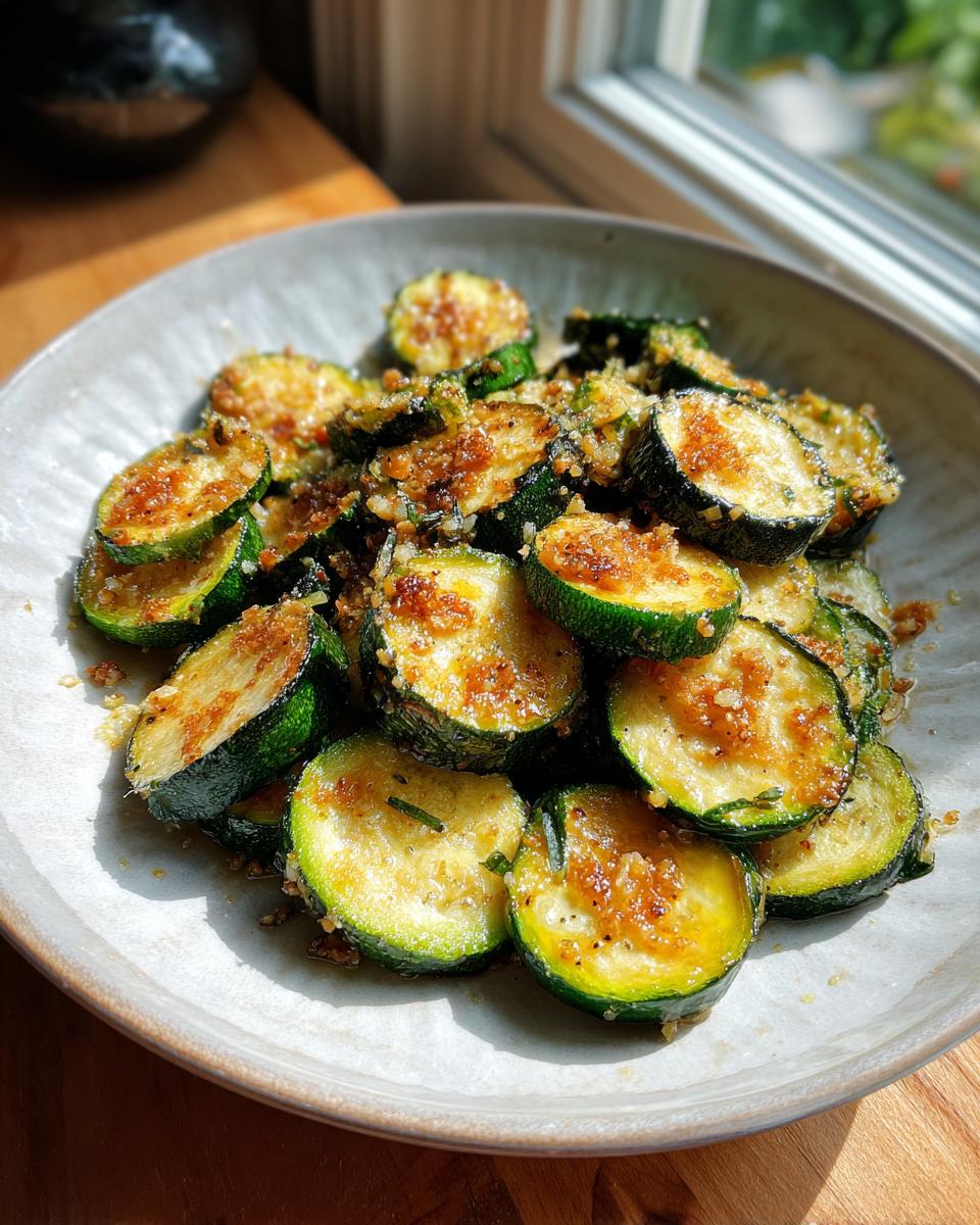 Close-up of perfectly sauteed zucchini slices topped with golden brown garlic and seasoning.