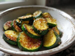 Close-up of golden-brown, seasoned sauteed zucchini slices served in a rustic white bowl.