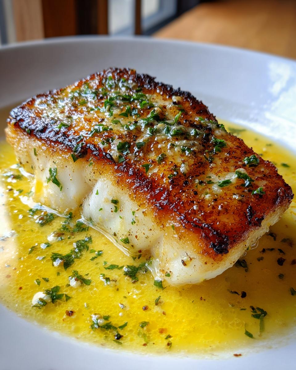 Close-up of a pan-seared Chilean sea bass fillet resting in a pool of bright yellow lemon butter sauce, garnished with parsley.