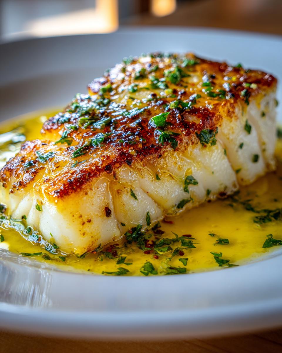 Close-up of a perfectly seared fillet of Chilean sea bass resting in a pool of melted butter sauce topped with fresh parsley.