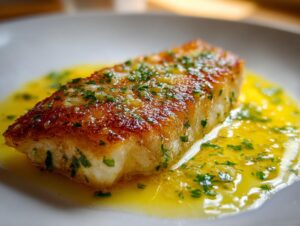 Close-up of a perfectly seared Chilean sea bass fillet topped with parsley and sitting in a pool of bright yellow lemon butter sauce.