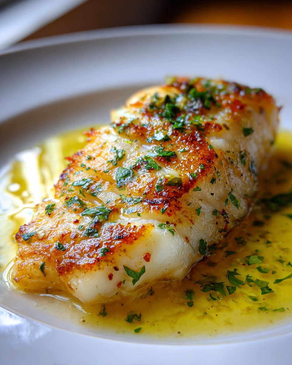 Close-up of a golden-brown seared Chilean sea bass recipe fillet in a lemon butter sauce with fresh parsley.