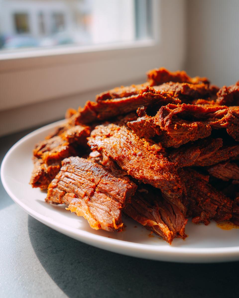 Close-up of richly seasoned, thinly sliced meat ready for homemade doner kebab, piled on a white plate.