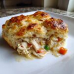 A close-up of a serving of chicken pot pie showing shredded chicken and vegetables under a golden, flaky biscuit topping.