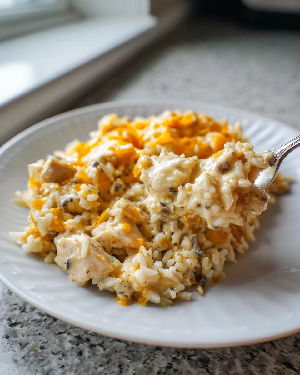 A fork lifts a bite of creamy chicken wild rice casserole topped with melted cheddar cheese from a white plate.