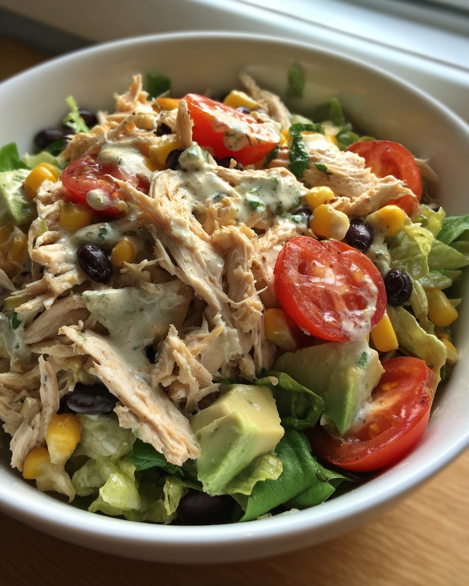 Close-up of a vibrant high protein salad featuring shredded chicken, avocado, tomatoes, corn, and black beans with a creamy dressing.