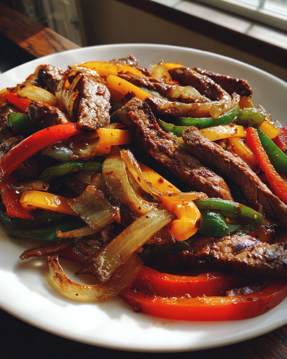 Close-up of sizzling steak fajita strips mixed with sautéed onions and colorful bell peppers on a white plate.