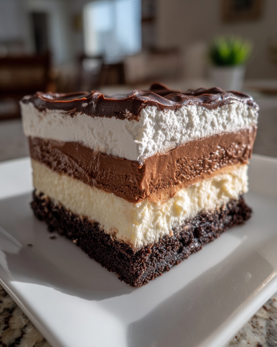 A thick slice of Mississippi Mud Pie showing four distinct layers: dark crust, white cream, chocolate mousse, and chocolate topping.