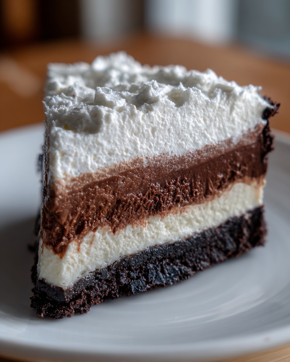 Close-up of a rich, layered slice of Mississippi Mud Pie showing crust, cream, and chocolate mousse layers.