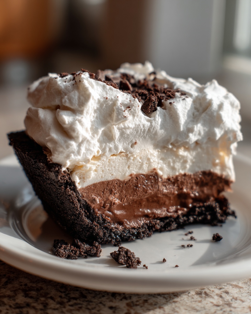 A decadent slice of Mississippi Mud Pie showing layers of chocolate crust, chocolate filling, vanilla filling, and whipped topping.